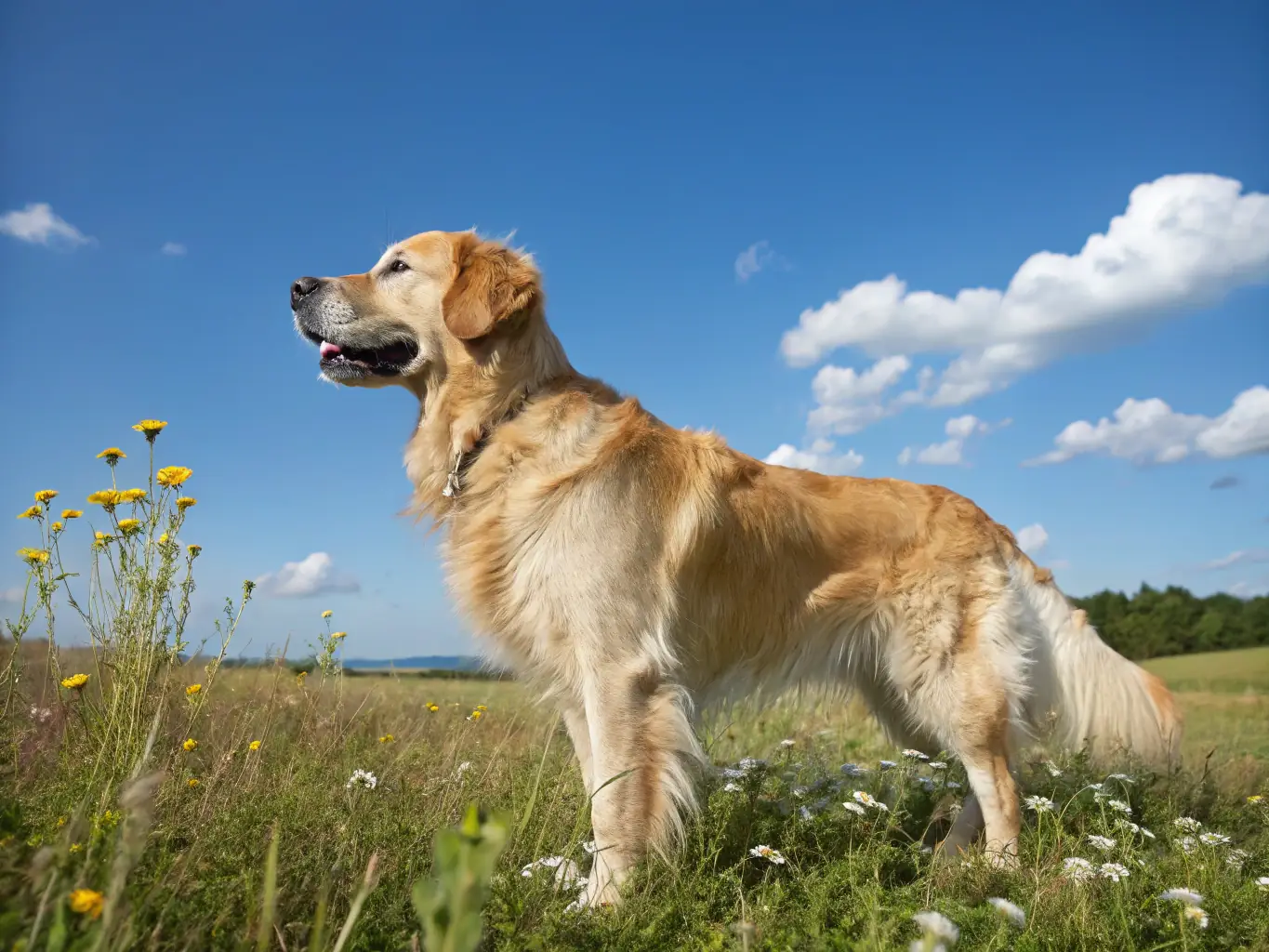 A happy, freshly groomed Golden Retriever with a shiny coat, standing proudly after a grooming session at Hundesalon Kokoro Schönbächler.