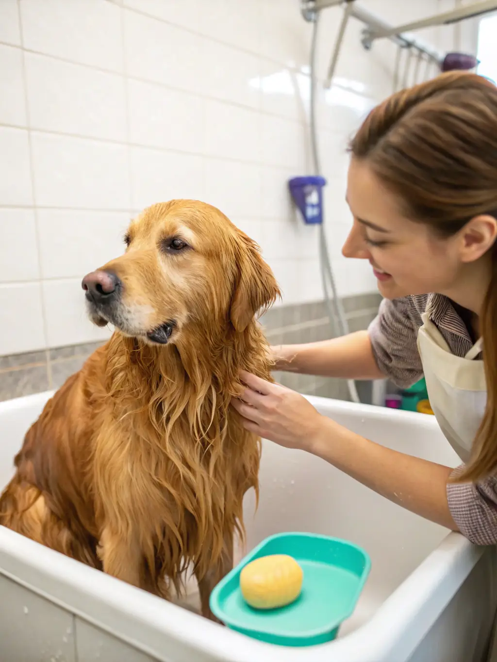 A golden retriever enjoying a bath, with shampoo bubbles on its fur, in a brightly lit grooming salon.