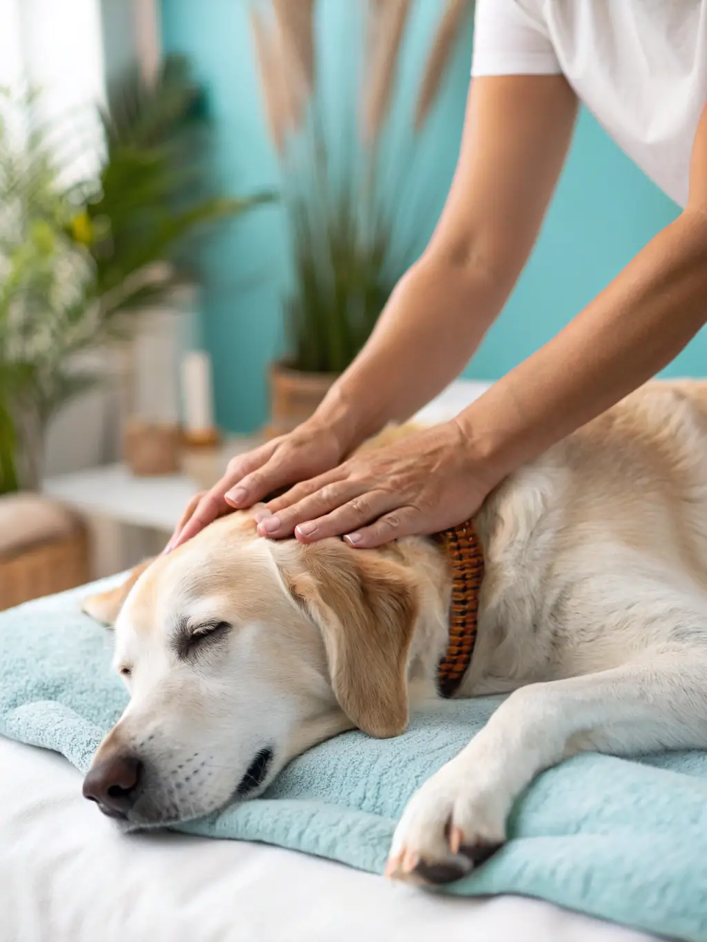 A small dog relaxing during a spa treatment, with a gentle massage and aromatherapy.