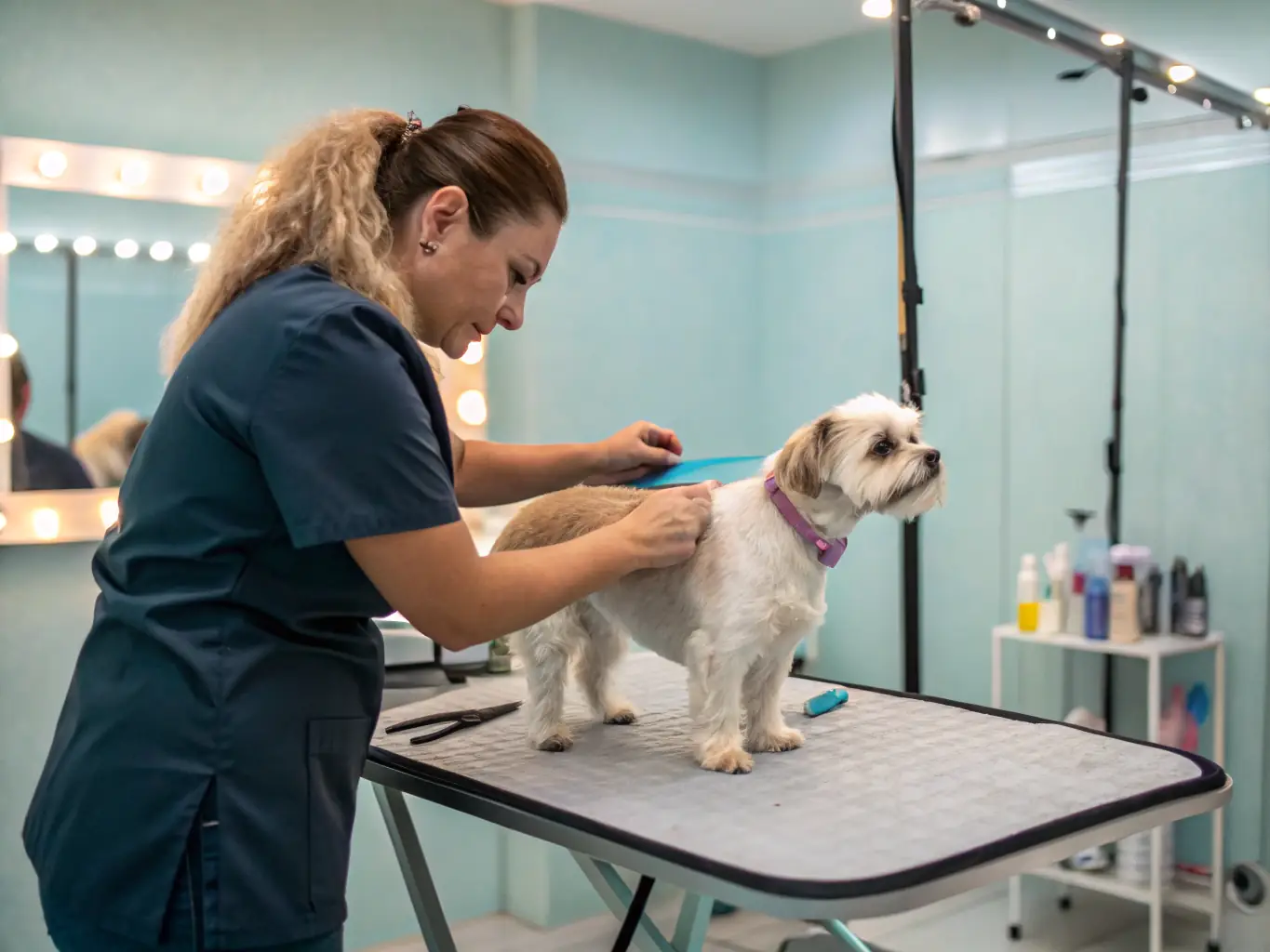 A small, relaxed dog enjoying a spa treatment, including a deep conditioning session at Hundesalon Kokoro Schönbächler.